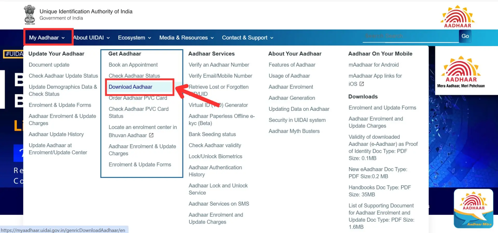 Visit MyAadhaar portal screenshot